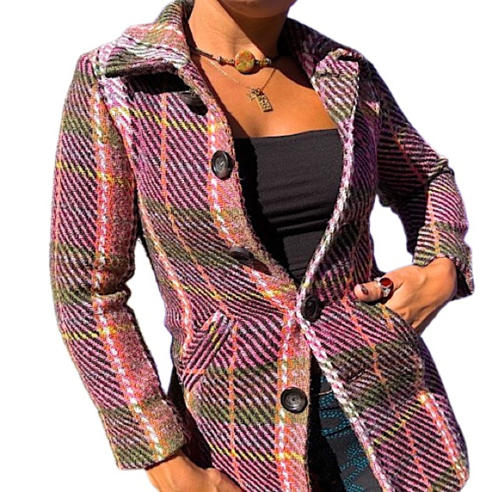 {Cherokee} Vintage Pink & Plaid Striped Mid-Length Wool Coat, Authentic Original